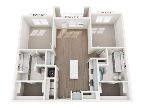 A top down view of a small apartment with a kitchen, living room, and two bedrooms.